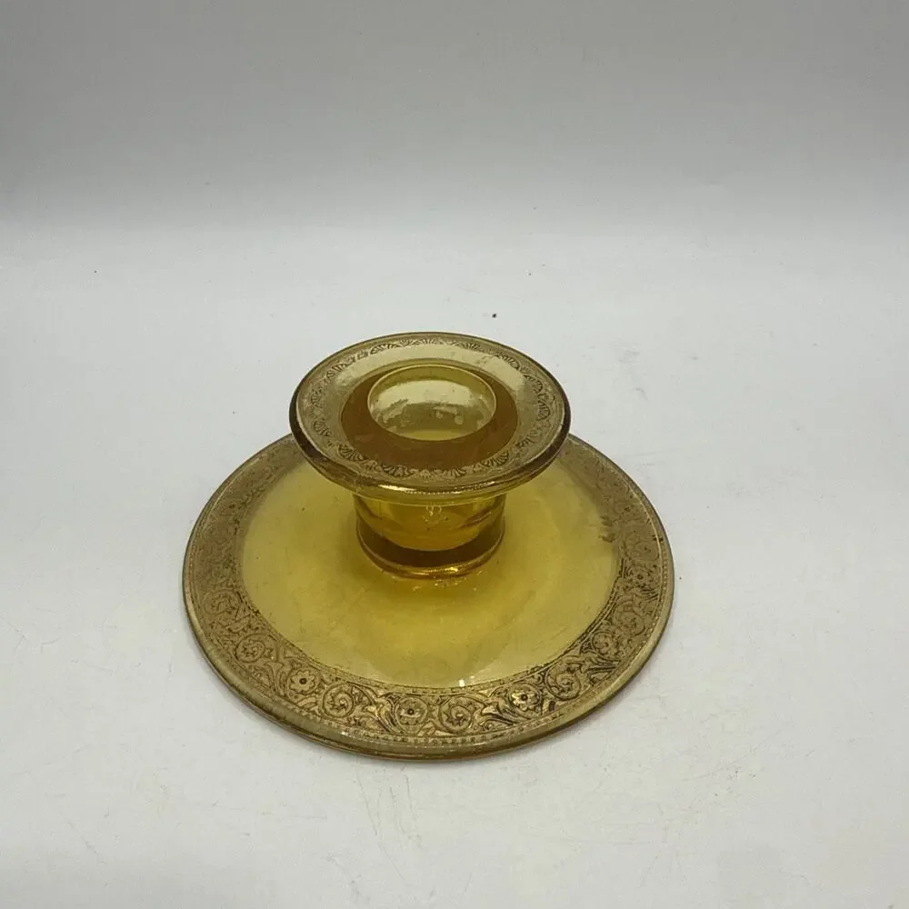 Vintage Amber Glass Candle Holder Ornate Floral Scroll Taper Chamberstick *